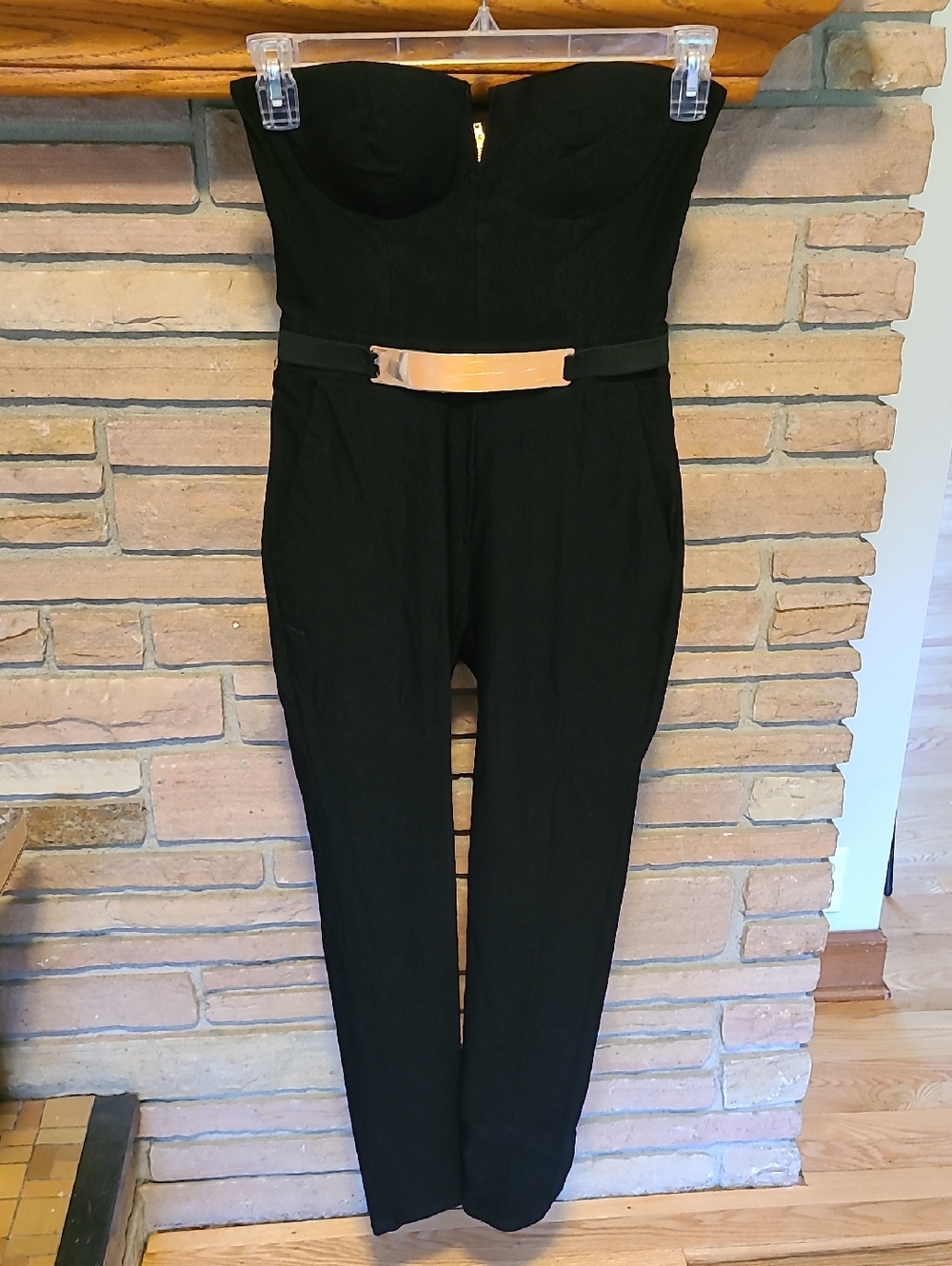 Material Girl Strapless Black Jumpsuit with Gold Accent Belt
